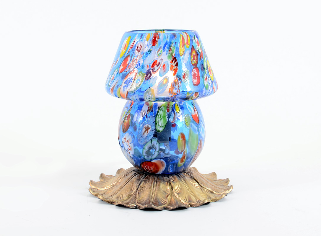 Appraisal: BLUE MILLIFIORI MURANO GLASS BOUDOIR LAMP Mushroom form stretched millifiori