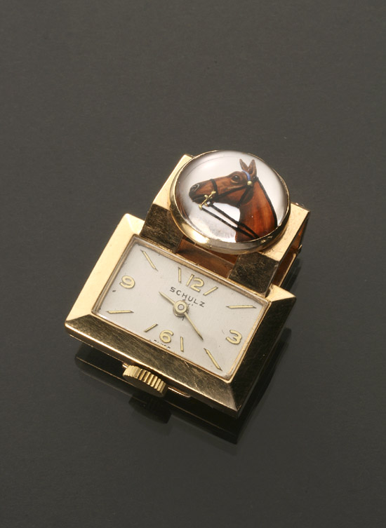 Appraisal: Lady's -Karat Yellow-Gold -Jewel Manual-Wind Lapel Watch J Schulz Swiss