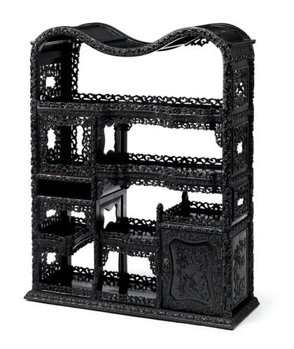 Appraisal: Chinese carved zitan display cabinet qing dynasty Elaborately carved compartmentalized