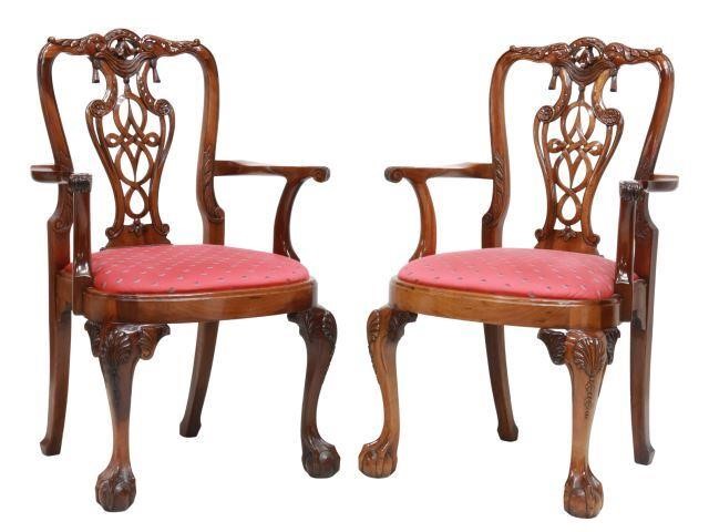 Appraisal: pair Chippendale style mahogany armchairs pierced back splat upholstered seat