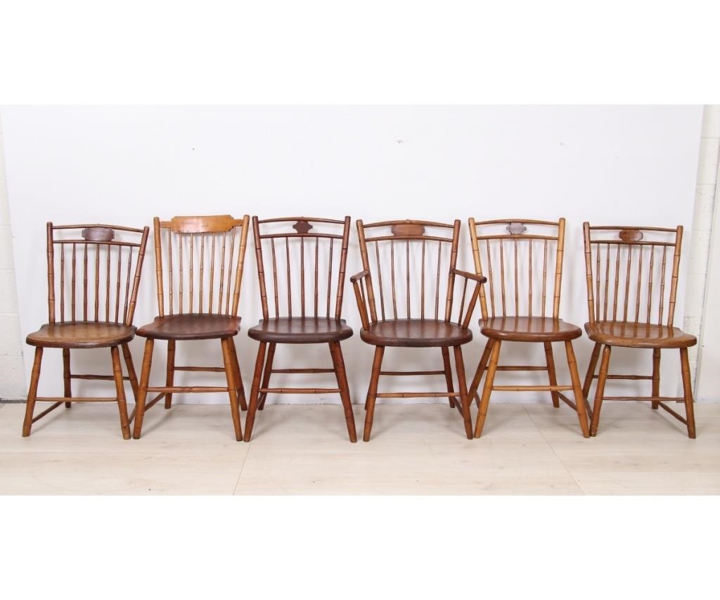 Appraisal: Assembled set of six bamboo-turned Windsor chairs to include an