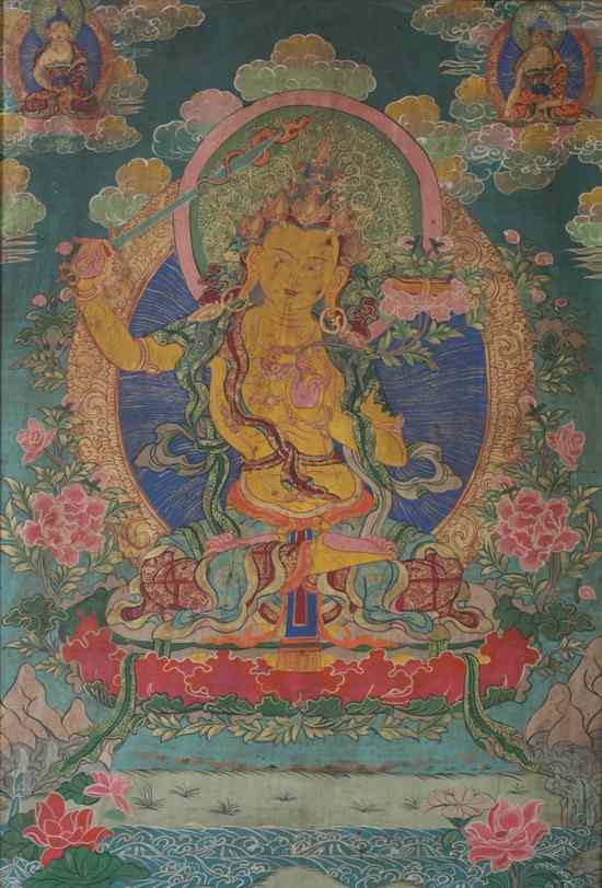 Appraisal: TIBETAN THANGKA Painted to depict Manjushri - in x in