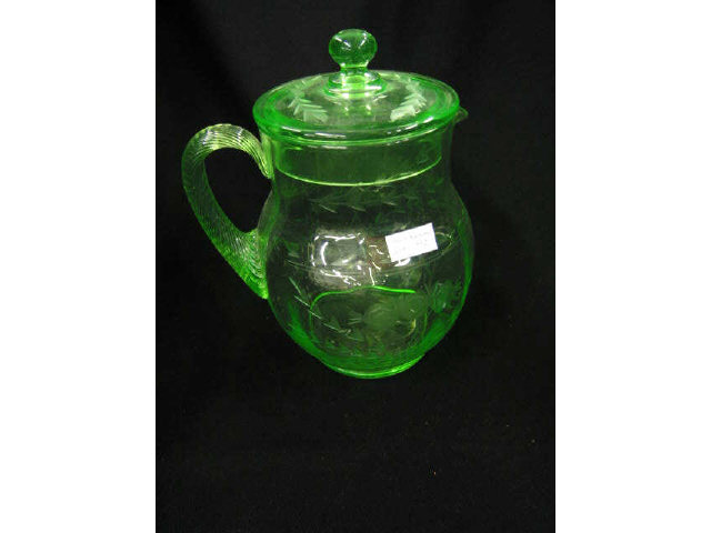 Appraisal: Vaseline Glass Pitcher with Cover etched floral a scarcer piece