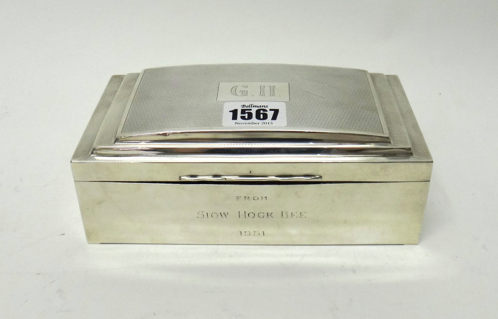 Appraisal: A silver rectangular table cigarette box wooden lined within presentation