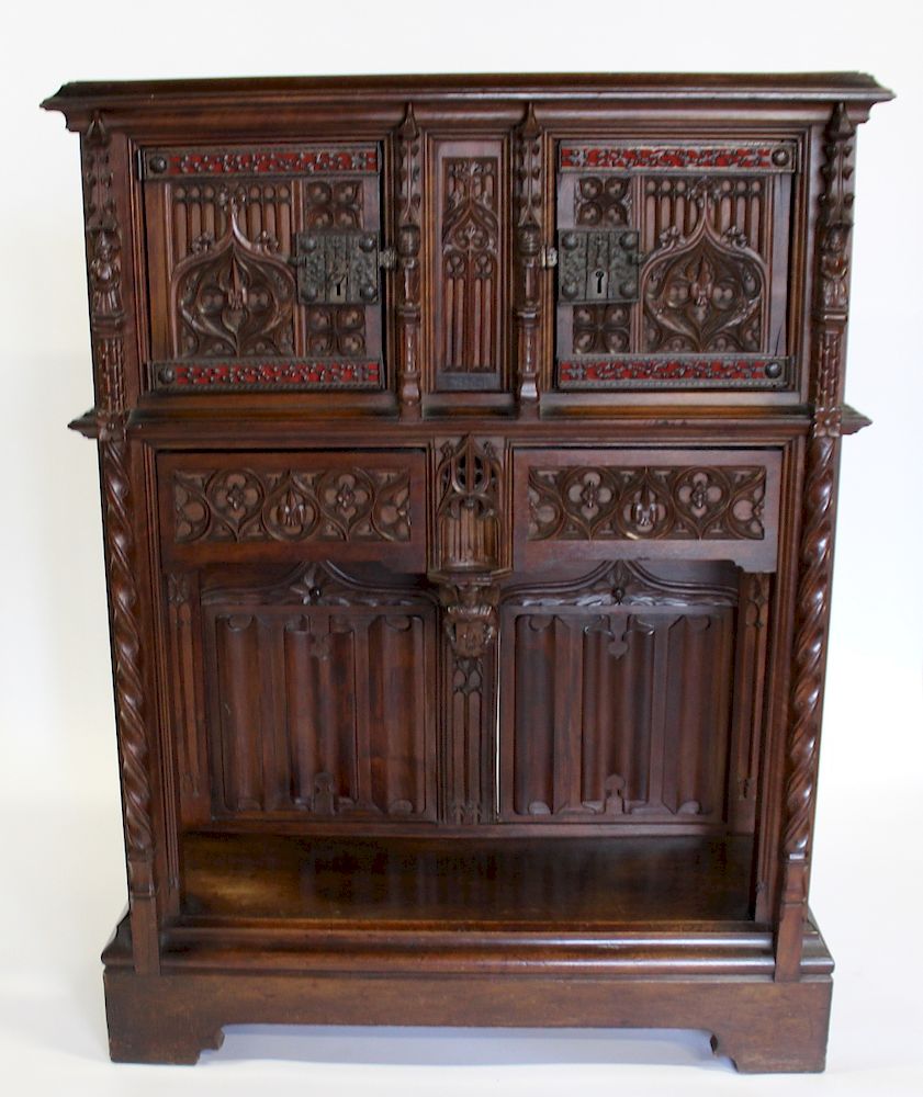 Appraisal: C H Jacques Signed Highly Carved Gothic Cabinet Finely carved