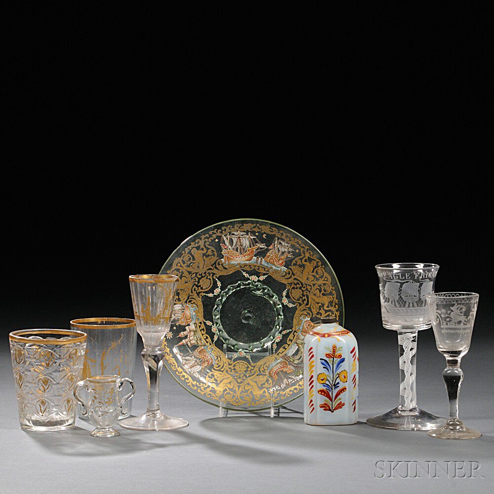 Appraisal: Eight Pieces of Decorated Glass six English of colorless glass