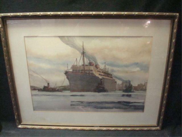 Appraisal: SAMBUR William Watercolor of Freighter with Tugs Signed Wm Sambur