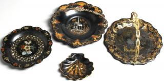 Appraisal: Asian Painted Black Lacquer Pieces Comprising a shell-shaped jewelry dish