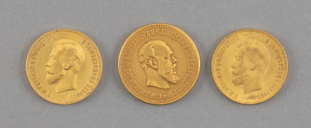 Appraisal: THREE RUSSIAN ROUBLE GOLD COINS TH CENTURY APPROX DWT THREE