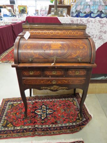 Appraisal: French Inlaid Ladies Desk marble top with gallery cylinder roll