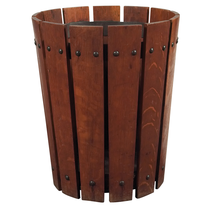 Appraisal: Gustav Stickley wastebasket slatted form with iron loop supports to