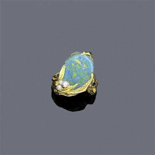 Appraisal: OPAL AND BRILLIANT-CUT DIAMOND RING GILBERT ALBERT Yellow gold Attractive