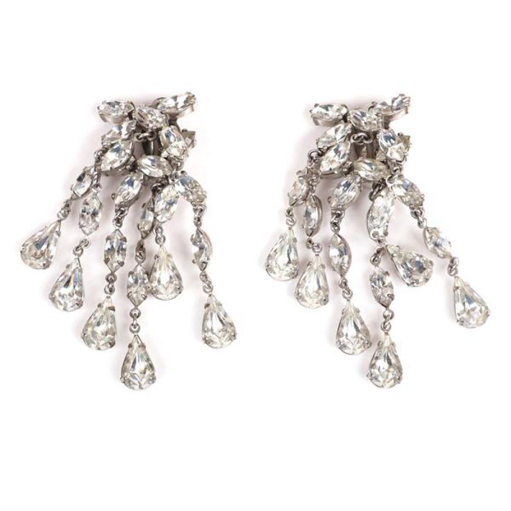 Appraisal: SCHIAPARELLI LONG DANGLING DIAMANTE LAYERED CHANDELIER EARRINGS WITH LARGE CLEAR