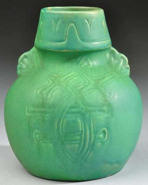 Appraisal: Owens Pottery Bulbous Arts Crafts Vase Description Matte green carved