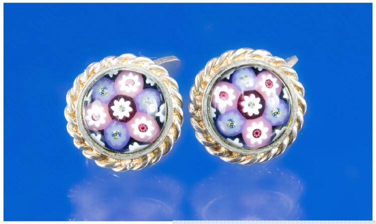 Appraisal: Gents Silver Cuff Links Set With Millefiori Glass Domes With