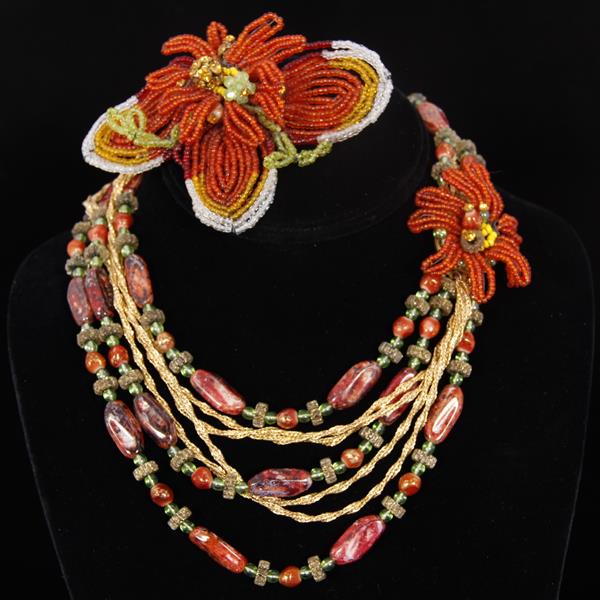 Appraisal: Hattie Carnegie pc Beaded Flower Multi Strand Necklace Brooch Pin