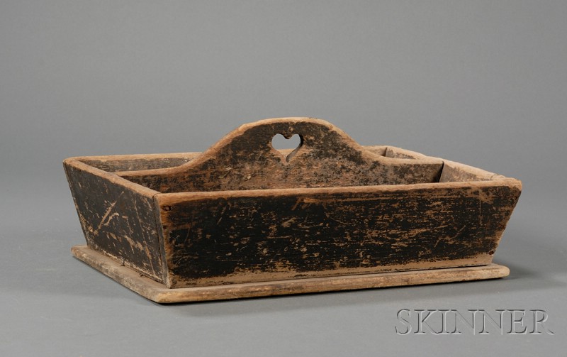 Appraisal: Black-painted Wooden Cutlery Box with Cut-out Heart Handle found in