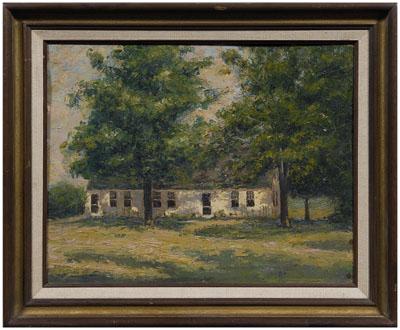 Appraisal: American School painting building shaded by trees possibly titled faintly