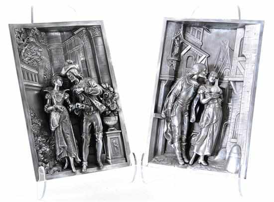 Appraisal: Pair bas-relief silvered-metal panels each depicting Medieval romantic couple with