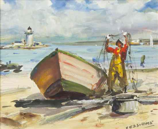 Appraisal: James Milton Sessions American - Readying the Nets watercolor signed