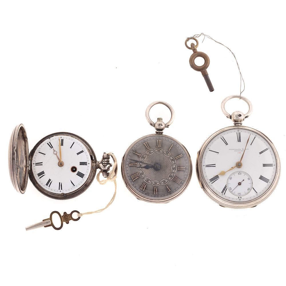 Appraisal: A Trio of Vintage English Pocket Watches Silver English pocket