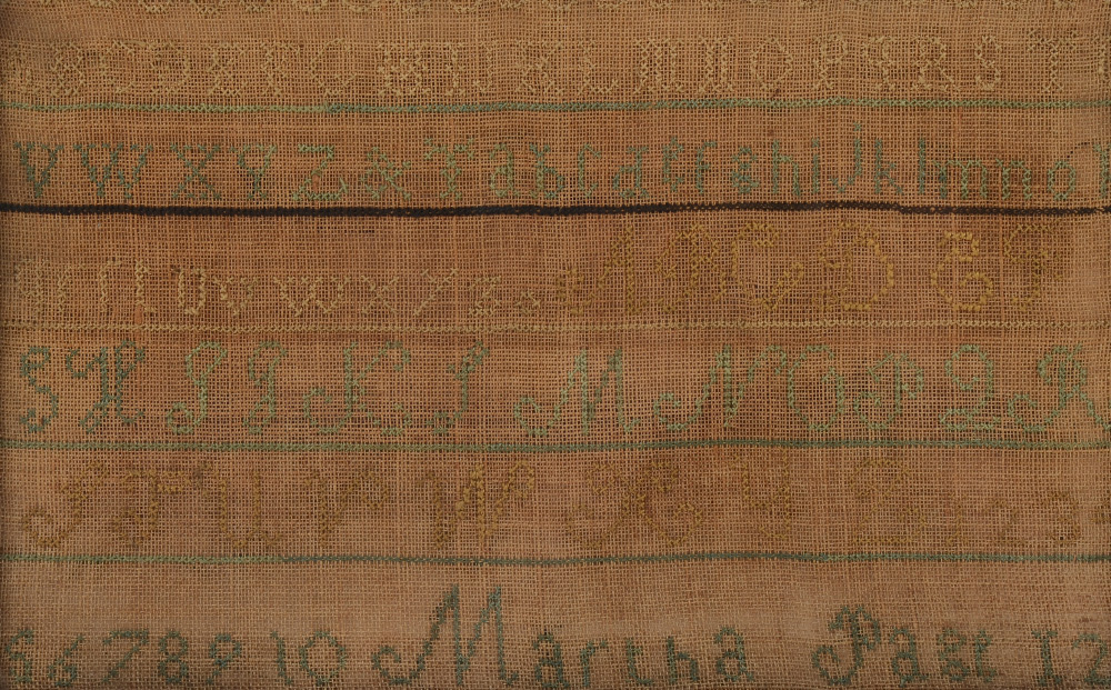 Appraisal: HAND SEWN SAMPLER Worked by Martha Page Repeating alphabet and