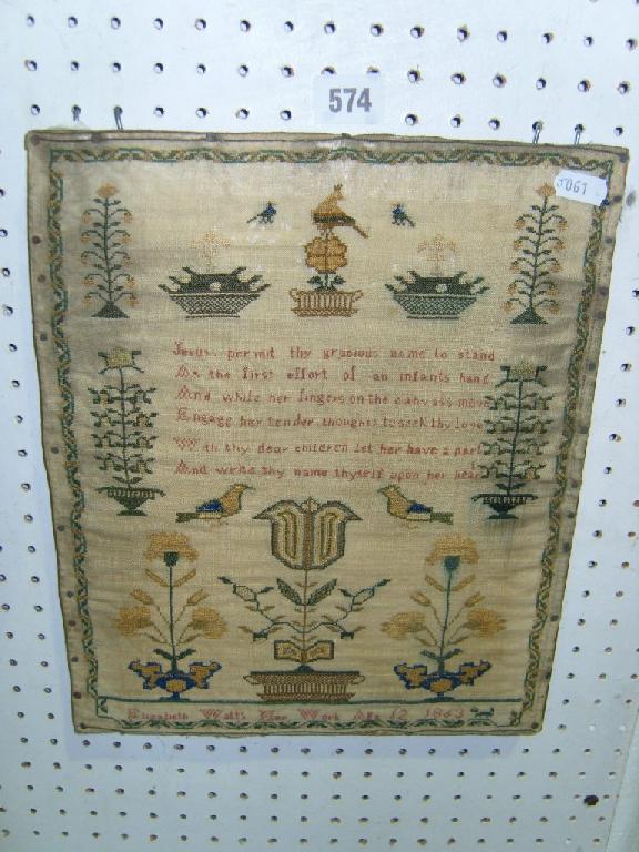 Appraisal: A small mid th century hand worked sampler by Elizabeth