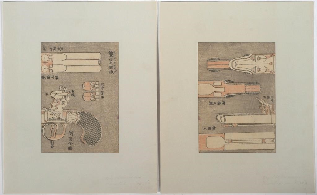 Appraisal: Two woodblock prints from a book of sketches firearms are