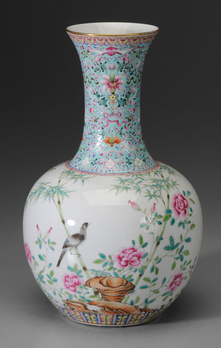 Appraisal: Famille Rose Porcelain Bottle Vase Chinese modern bird perched on