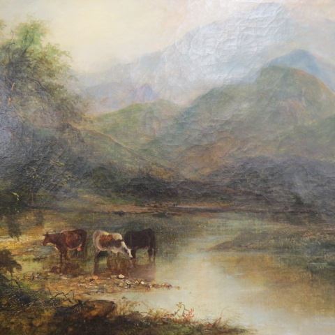 Appraisal: th Century Oil on Canvas landscape with cows by the