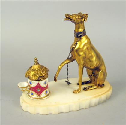 Appraisal: Continental gilt bronze porcelain and marble inkstand The gilt bronze