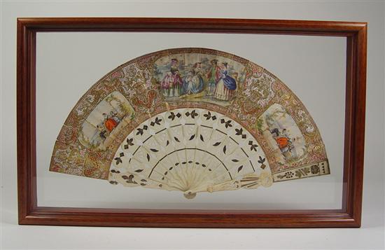 Appraisal: Hand Painted European Fan Mid th Century Hand colored three-paneled