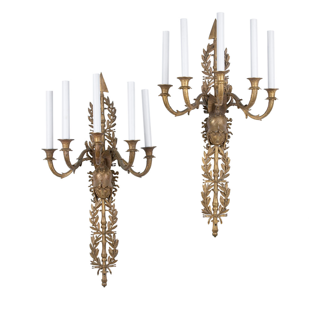 Appraisal: Pair of Empire Style Gilt-Bronze Five-Light Sconces th Century Each