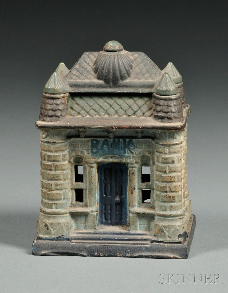 Appraisal: Polychrome Painted Cast Iron Four Tower Bank J E Stevens