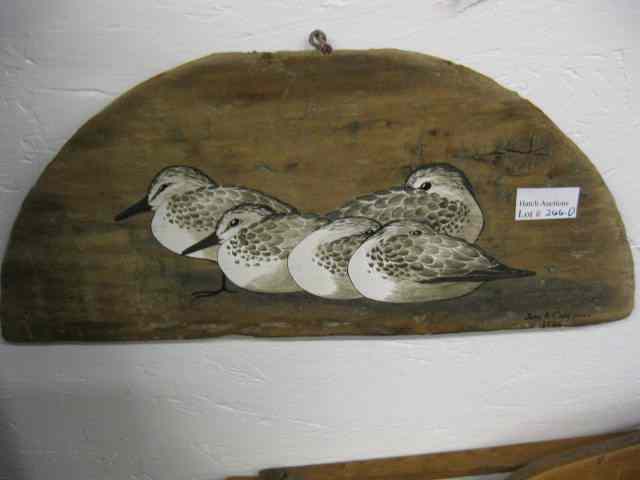 Appraisal: Jean A Crossman Handpainted Plaque shorebirds on driftwood '' x