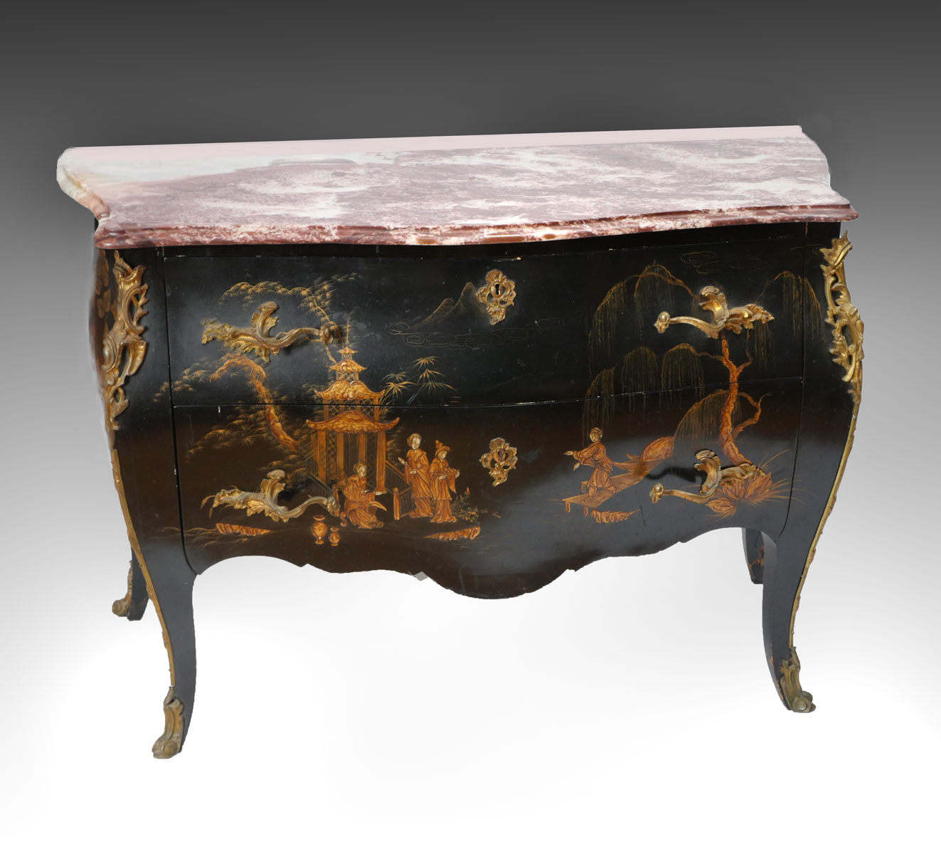 Appraisal: METAL MOUNTED MARBLE TOP COMMODE Shaped beveled marble top resting