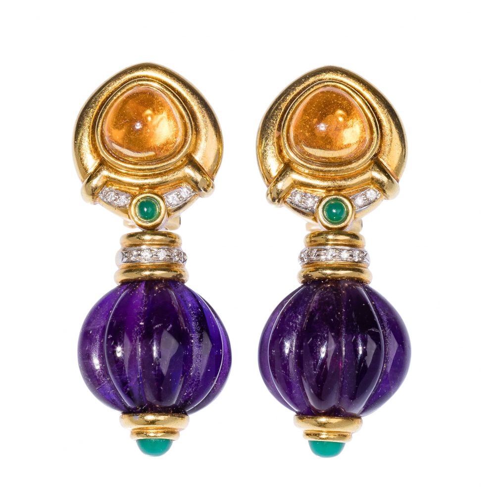 Appraisal: K YELLOW GOLD SEMI-PRECIOUS GEMSTONE AND DIAMOND PIERCED EARRINGSPair of