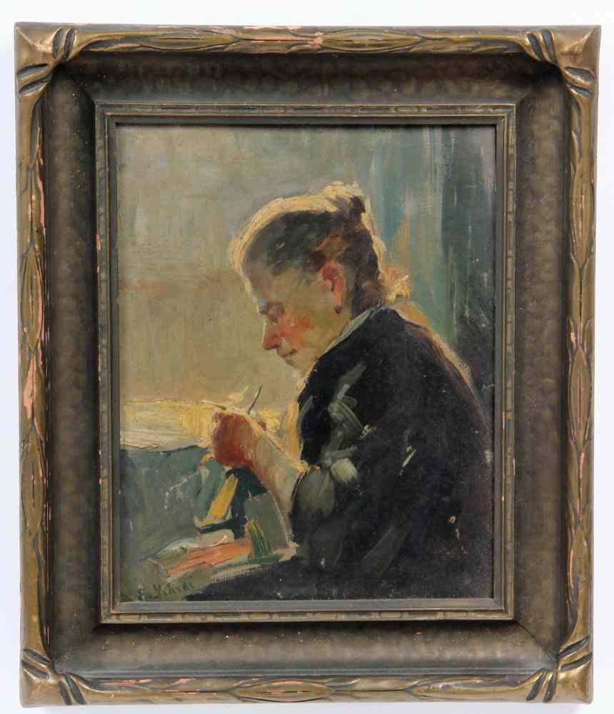 Appraisal: OOB-IMPRESSIONISTIC PORTRAIT OF A WOMAN KNITTING-Signed lower left E Giardi