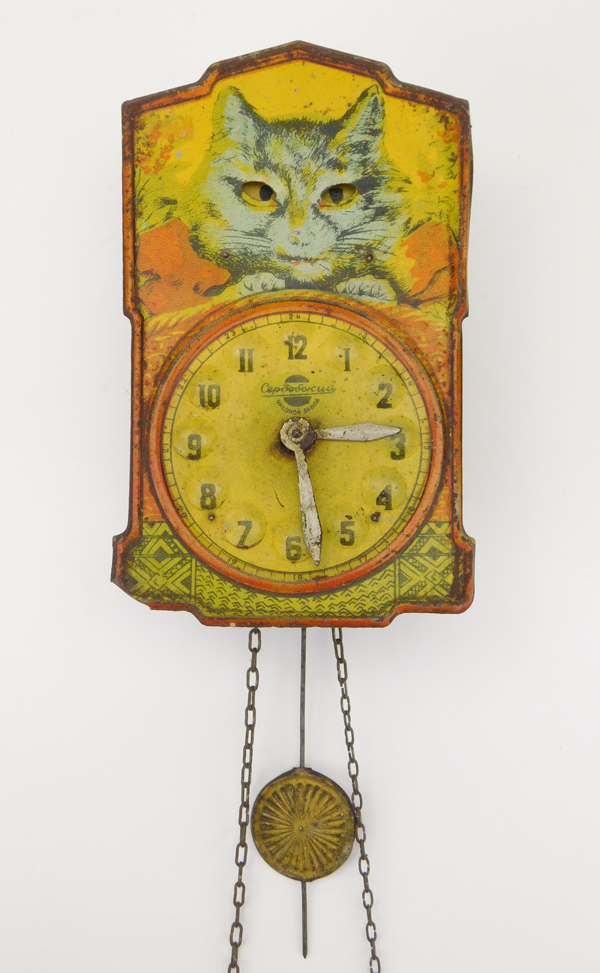 Appraisal: Novelty wall clock lithograph tin front of cat in basket