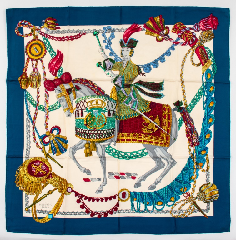 Appraisal: HERMES LE TIMBALIER PRUSSIAN BLUE SILK SCARF Vintage Hermes square