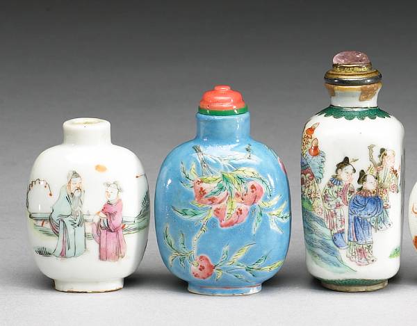 Appraisal: Three polychrome enameled porcelain snuff bottles The first of flattened