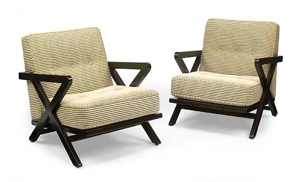 Appraisal: A pair of Paul Laszlo upholstered lacquered wood open armchairs