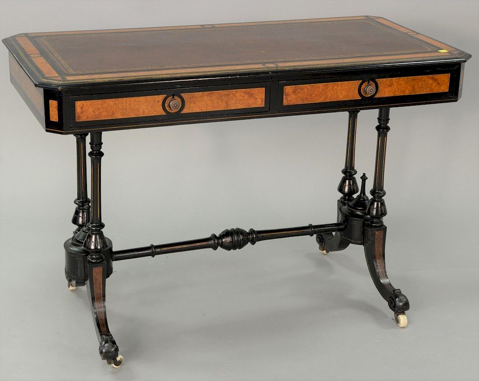 Appraisal: Victorian ebonized in burlwood inlaid table with leather top ht