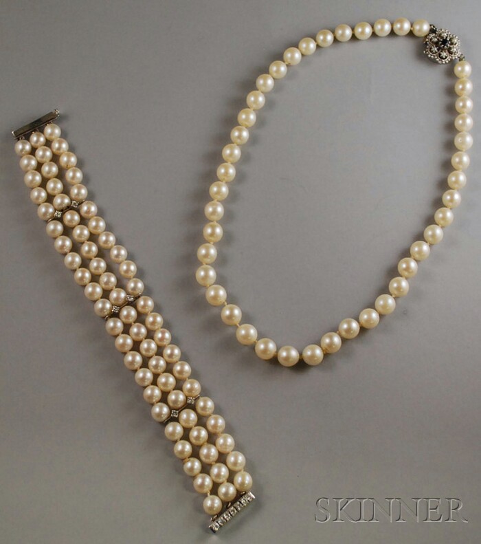 Appraisal: Two kt White Gold and Pearl Jewelry Items a triple-strand