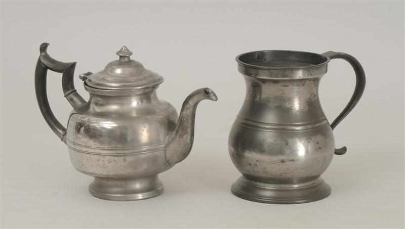 Appraisal: AMERICAN PEWTER TEAPOT AND AN ENGLISH MUG The teapot impressed