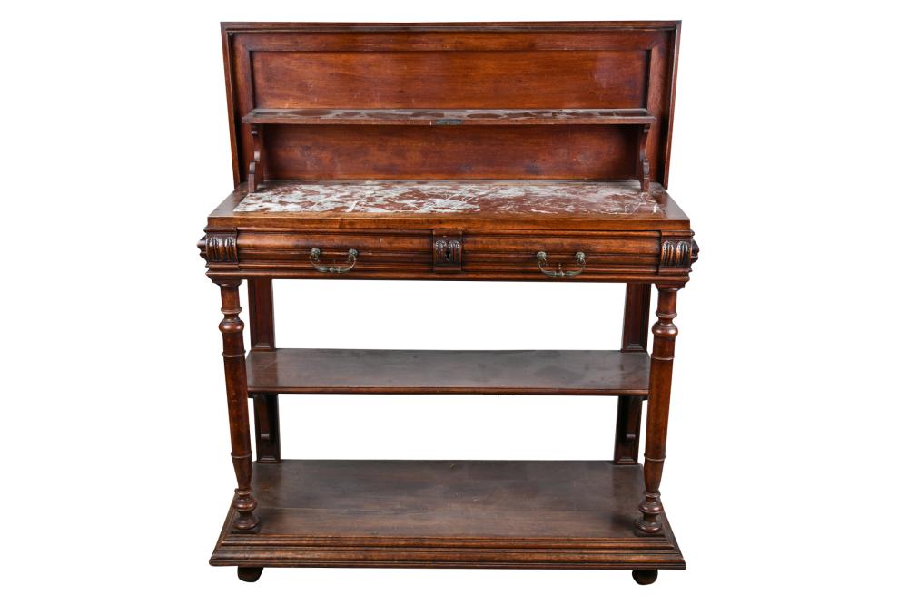 Appraisal: GEORGIAN CARVED OAK MARBLE-INSET SERVERwith a hinged top and upper