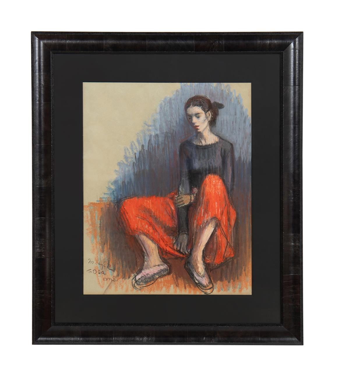 Appraisal: MOSES SOYER FEMALE IN RED PANTS OIL PASTEL Moses Soyer