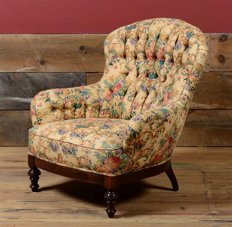 Appraisal: VICTORIAN STYLE MAHOGANY TUFTED UPHOLSTERED ARMCHAIR x x in Property