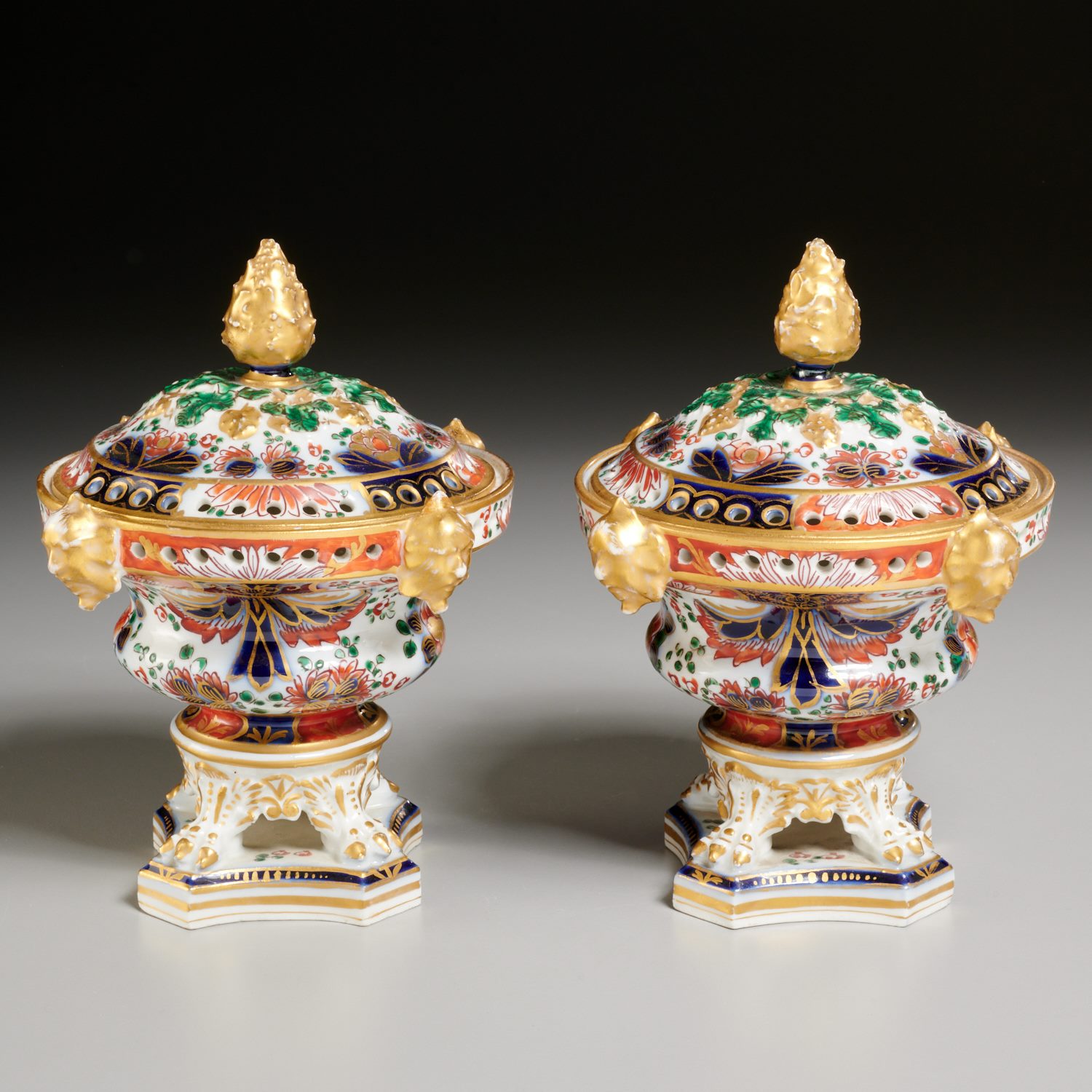 Appraisal: PAIR IMARI STYLE GILT PORCELAIN POTPOURRI KEEPERS th c English