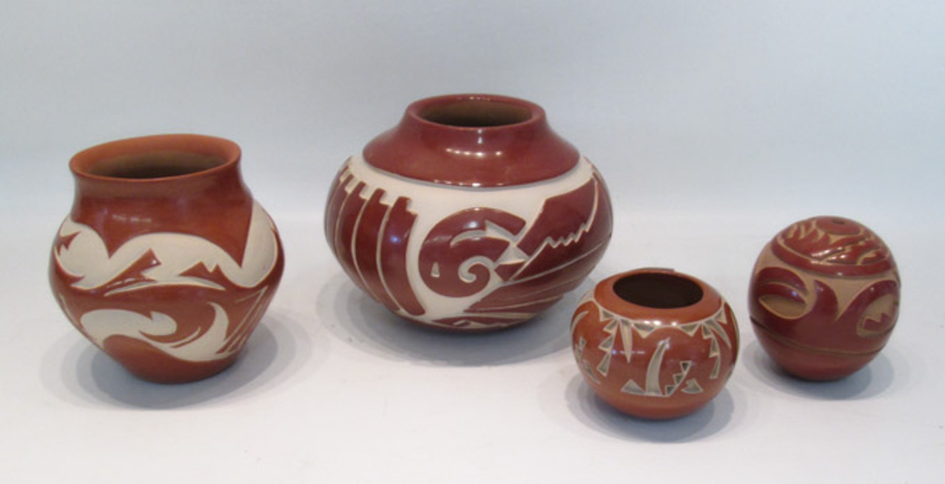 Appraisal: FOUR SANTA CLARA REDWARE POTTERY VESSELS including a seed pot